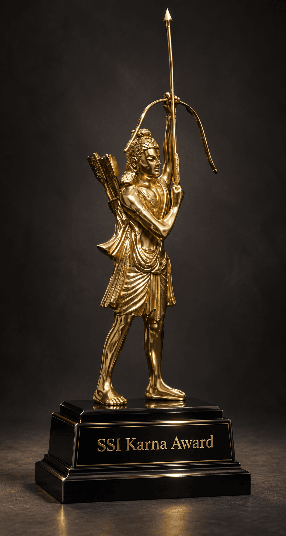Gold SSI Karna Award archer sculpture on a black pedestal